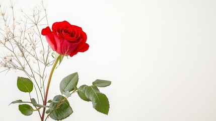 Obraz premium Valentine pattern roses seasonal concept. Red rose with delicate leaves and small white flowers against a light background.