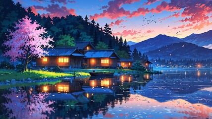 Fototapeta premium Serene Lakeside Houses at Sunset