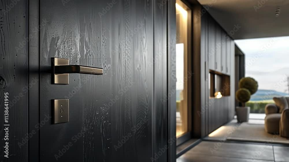 Poster This Stylish entrance showcases a smart home setup with elegant door handle and automated controls.