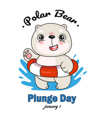 Polar bear plunge day banner, greeting card with cute cartoon white kawaii bear
