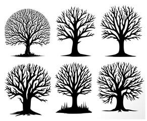 Obraz premium silhouette leafless dried dead trees set on white. simple dead trees for design and decoration