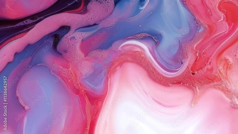 Fototapete Elegant digital animation with soft shades of pink, blue and red, where wavy lines intertwine to create a layered effect. Smooth color transitions and bubbles add depth and vibrancy