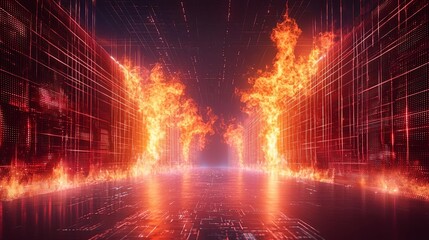 Fototapeta premium A futuristic digital landscape with glowing flames and intense lighting effects.