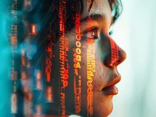 A contemplative young Asian girl gazes thoughtfully, surrounded by abstract digital elements and code, reflecting a fusion of technology and emotion.