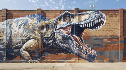 Photorealistic Rendering of a Dinosaur Mural on a Urban Wall