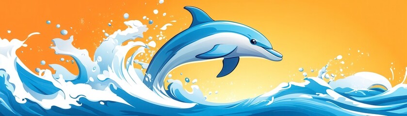 Obraz premium A vibrant dolphin leaps through ocean waves against a bright orange sunset, capturing the beauty of marine life in a playful and dynamic scene.