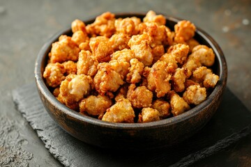 Chicken Popcorn are small slices of chicken that were coated breading and deep fried closeup in the slate dish on the table. Horizontal 