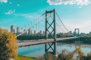 Fototapeta premium Long suspension bridge with steel cables stretching over a river, connecting two cities