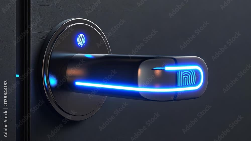 Poster this fingerprint-controlled smart lock shines with blue light, enhancing home security and convenien