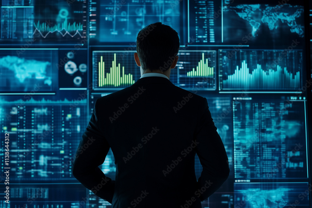 Poster man in a suit stands in front of a computer monitor displaying a lot of data. the man is focused and