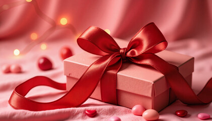 Fototapeta premium Romantic Pink Gift Box with Red Ribbon and Heart Decorations for Valentine's Day