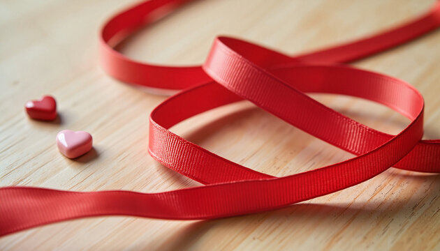 Close-Up of Red Ribbon and Pink Heart-Shaped Decorations on Wooden Surface