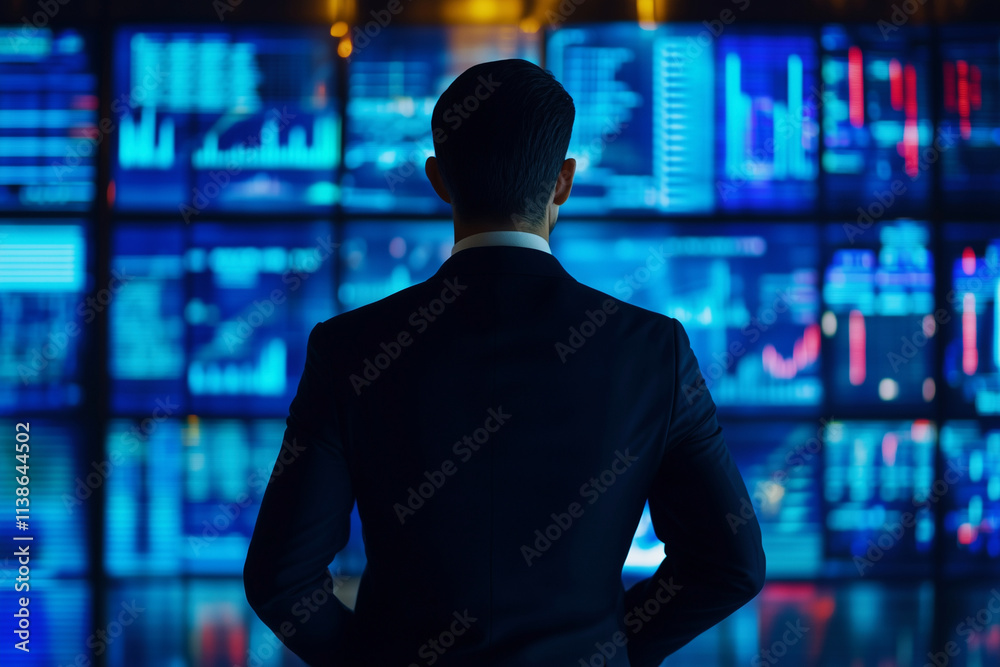 Poster man in a suit stands in front of a computer monitor displaying a lot of data. the man is focused and