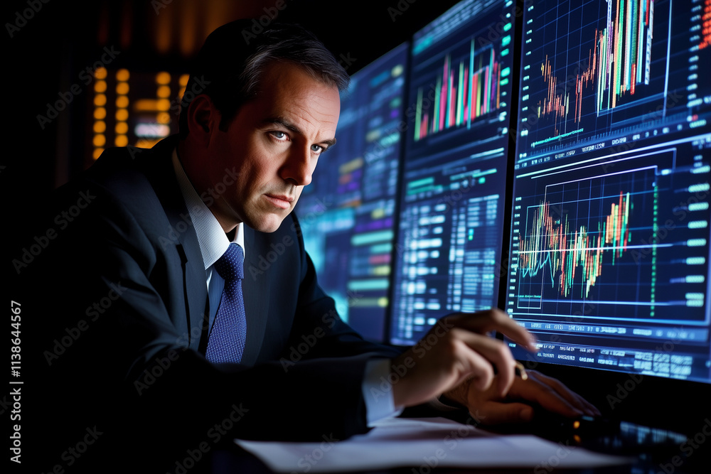Aufkleber man in a suit is looking at a computer screen with multiple graphs. he is focused and serious as he 