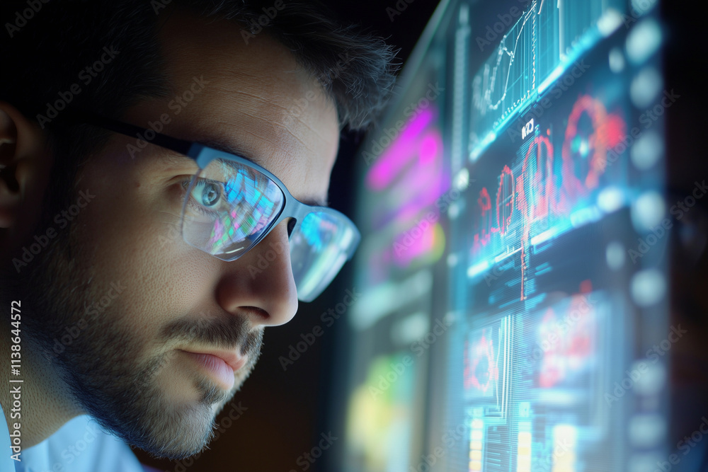 Poster man is looking at a computer screen with a lot of numbers and graphs. he is wearing glasses and he i