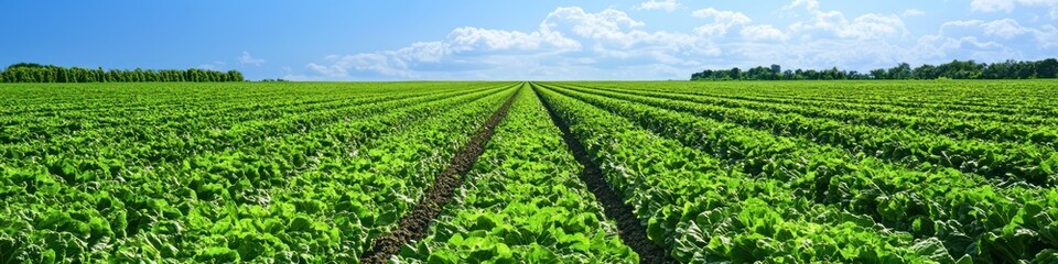 Obraz premium Lush green lettuce fields stretch endlessly under a bright blue sky, highlighting agricultural beauty,