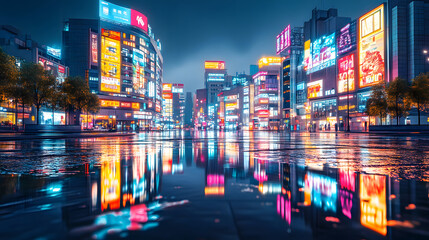 Obraz premium A lively urban street illuminated by colorful neon billboards reflecting on wet pavement, creating a dynamic night scene..