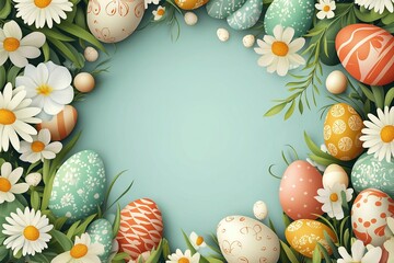 A vibrant Easter-themed vector background featuring colorful eggs, bunnies, and flowers, perfect for festive designs and decorations.

