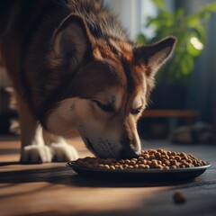 photo a mongrel dog happily eating its kibble, surrounded by a comfortable and homey environment