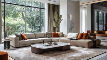 Fototapeta premium Beautiful Modern Living room Interior with furniture's ,mockup frame , posters, wall -3d Rendering