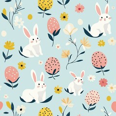 A vibrant Easter-themed vector background featuring colorful eggs, bunnies, and flowers, perfect for festive designs and decorations.


