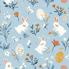 A vibrant Easter-themed vector background featuring colorful eggs, bunnies, and flowers, perfect for festive designs and decorations.

