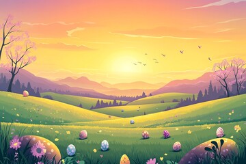 A vibrant Easter-themed vector background featuring colorful eggs, bunnies, and flowers, perfect for festive designs and decorations.

