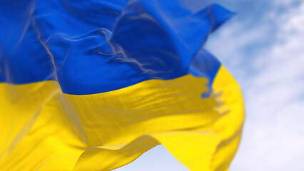 Close-up of Ukraine national flag waving on a clear dayEastern Europe