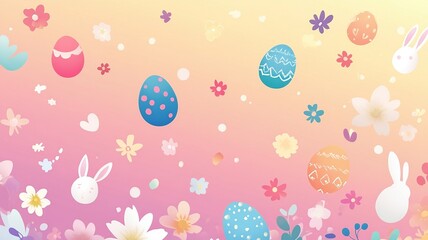 A vibrant Easter-themed vector background featuring colorful eggs, bunnies, and flowers, perfect for festive designs and decorations.

