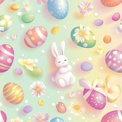 Obraz premium A vibrant Easter-themed vector background featuring colorful eggs, bunnies, and flowers, perfect for festive designs and decorations.