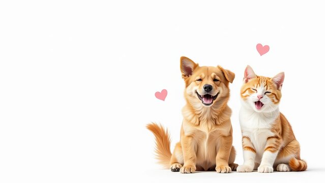 Pets day national cat and dog, art video illustration with pink hearts isolated on white background