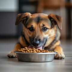photo a mongrel dog happily eating its kibble, surrounded by a comfortable and homey environment