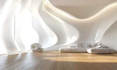 3D rendering of a minimalist interior with abstract white walls and a wooden floor, reflecting clean and modern aesthetics