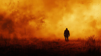 Fototapeta premium A vibrant abstract illustration depicting a lone figure standing at the end of a long, textured trail of fire. Landscape in the apocalypse.