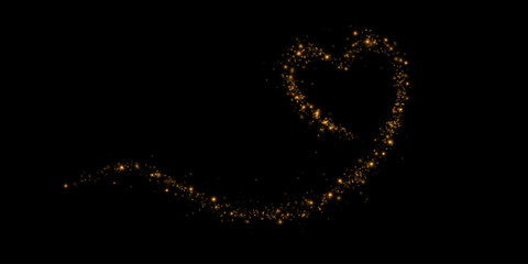 Gold star trail in the shape of a heart. Shimmering dust flying and leaving behind a heart-shaped trail. Bright dust particles glow with the special festive light of Christmas. Christmas card backgrou