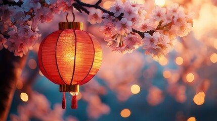 Chinese new year celebration in Asia. Pink, red and golden lantern on Japanese sakura tree for Lunar new year party. Background with glitter and bokeh lights. Cherry tree blossom. 