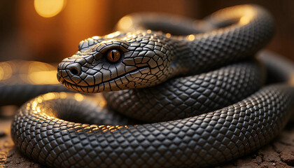 Fototapeta premium Close-Up of a Coiled Black Snake with Detailed Scales in Warm Evening Light