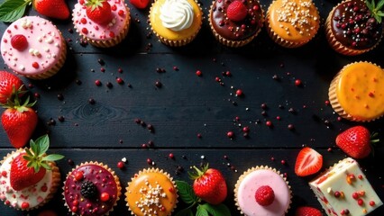 cupcake, cake, dessert, food, sweet, baking, cupcakes, muffin, chocolate, baked, cream, frosting, delicious, cakes, decorated, pastry, birthday, cookie, colorful, biscuit, strawberry, sugar, banner