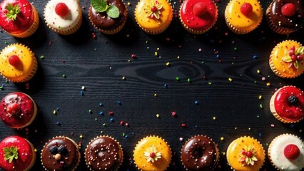 cupcake, cake, dessert, food, sweet, baking, cupcakes, muffin, chocolate, baked, cream, frosting, delicious, cakes, decorated, pastry, birthday, cookie, colorful, biscuit, strawberry, sugar, banner