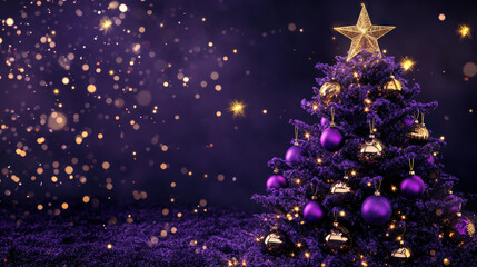 Beautiful purple Christmas background for design. Christmas tree and decorations on a purple background.