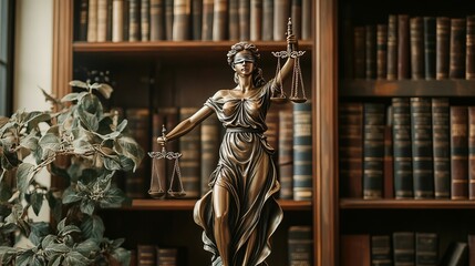 Fototapeta premium Femida statue on library background. Law and justice concept