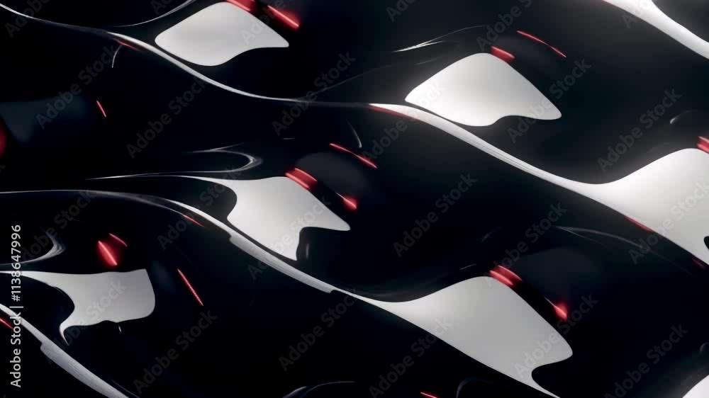 Poster Animation of abstract glossy black waves gliding smoothly across the screen. Bright red accents between the waves add depth and a sense of mystery