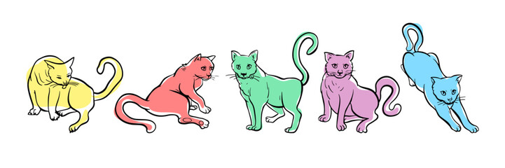 Set of cats in different poses. Free hand domestic pet illustration. Kitten stretches and washes.