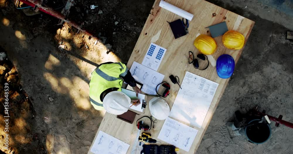 Poster construction, architect and person writing checklist with blueprint for project, development or plan
