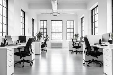 Bright White Modern Office with Sleek Rows of Contemporary Furniture and Clean Design
