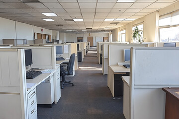 Bright White Modern Office with Sleek Rows of Contemporary Furniture and Clean Design