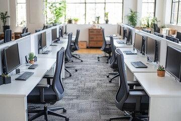 Bright White Modern Office with Sleek Rows of Contemporary Furniture and Clean Design