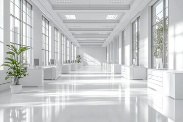 Bright White Modern Office with Sleek Rows of Contemporary Furniture and Clean Design