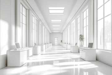 Fototapeta premium Bright White Modern Office with Sleek Rows of Contemporary Furniture and Clean Design