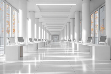 Fototapeta premium Bright White Modern Office with Sleek Rows of Contemporary Furniture and Clean Design